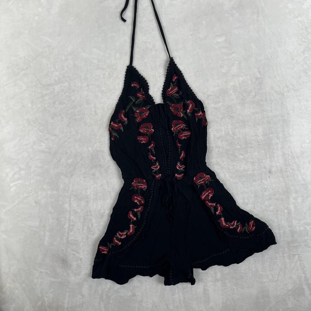 American Eagle Outfitters Romper Womens XS Black Embroidered Floral Halter Boho